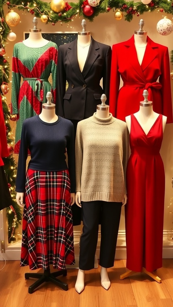 Stylish Christmas outfits for curvy figures, including a wrap dress, tailored blazer, cozy sweater, and jumpsuit, displayed with festive decorations.
